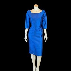 50s 60s Iridescent PEACOCK BLUE Cocktail Party Bombshell WIGGLE Dress / S M
